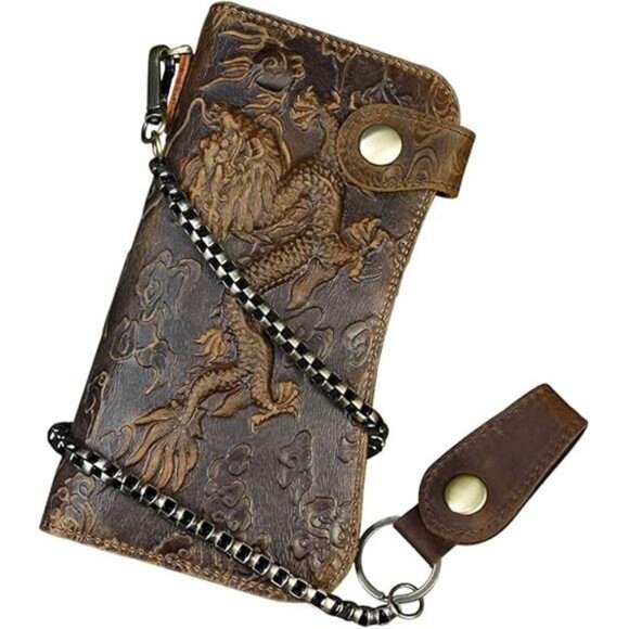 Men's Genuine Leather Long Wallet Chain Wallet Card holder Wallet with Coin - Picture 8 of 16